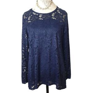 Woman's Floral Lace Long Sleeve Top Sz M Navy Blue Overlay Boho Fairy Grunge